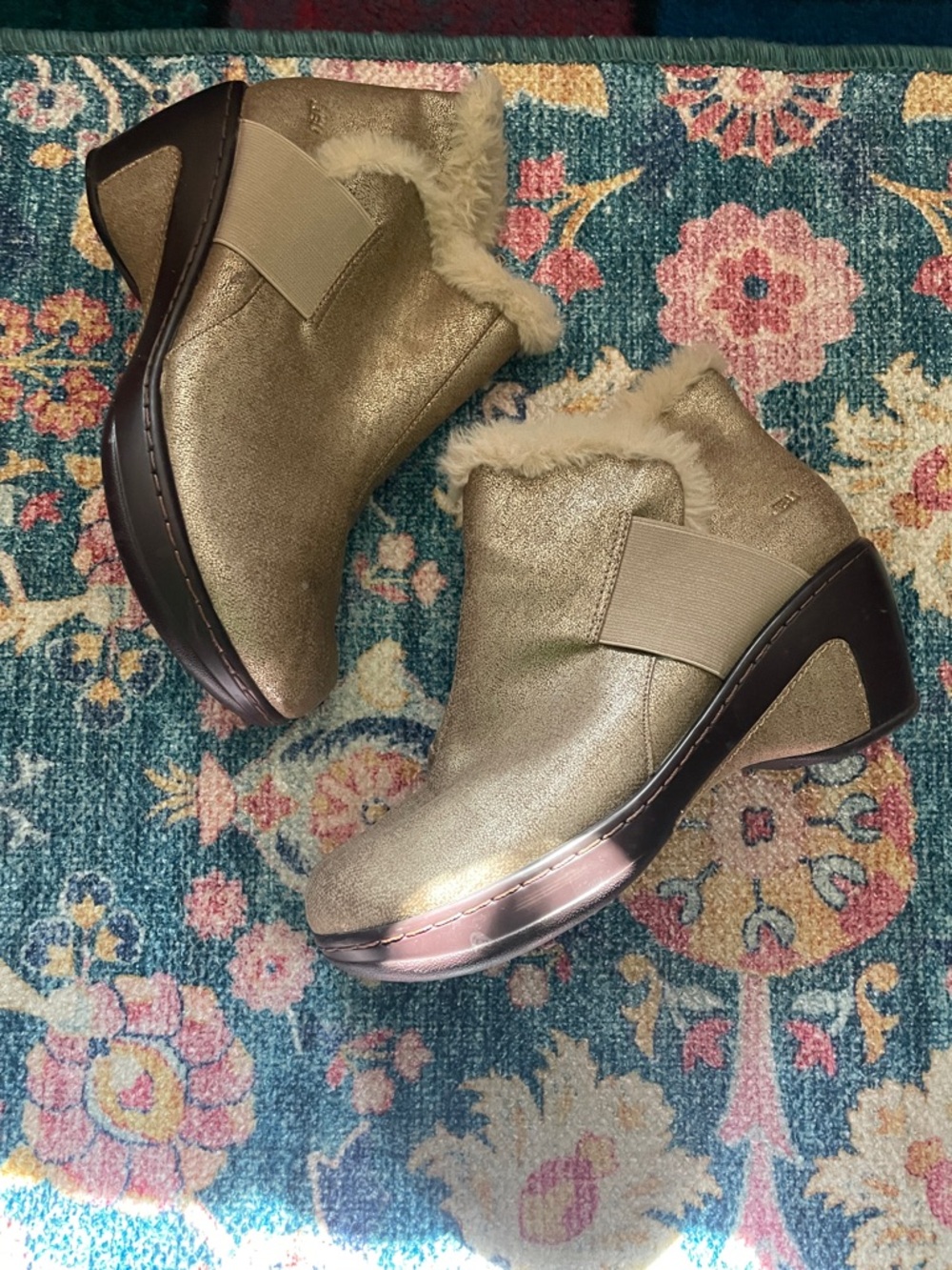 JBU Metallic Gold Faux-Fur Trim Ankle Booties